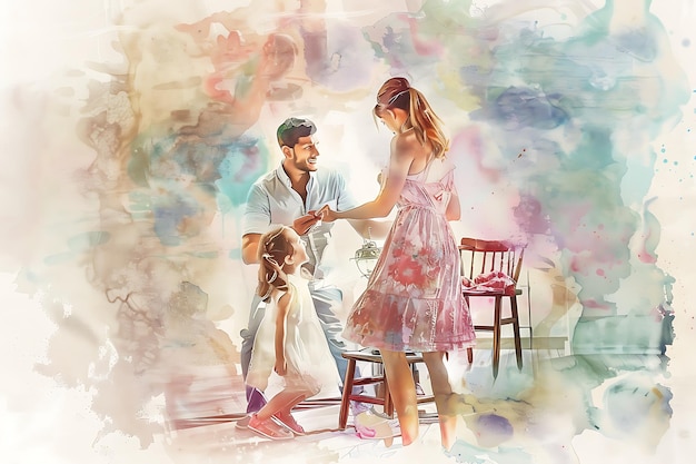 Photo watercolor painting of a happy family in a living room