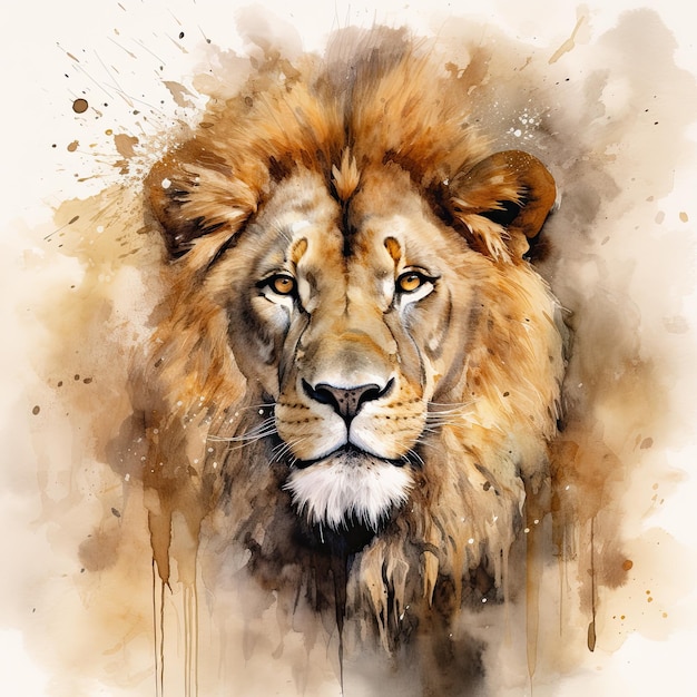 A watercolor painting of the head of an elegant lion the king of the jungle in dark beige and golden colors Generative AI