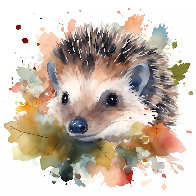 A watercolor painting of a hedgehog surrounded by leaves