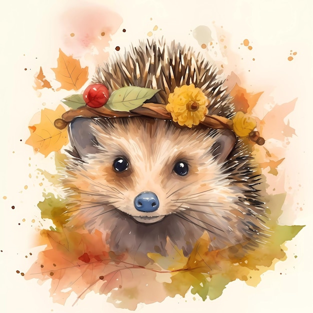 A watercolor painting of a hedgehog surrounded by leaves