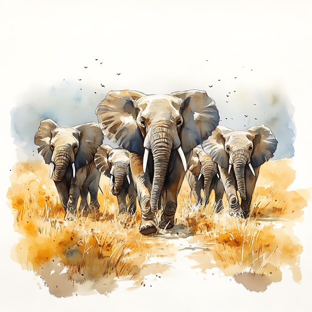 Photo watercolor painting of a herd of elephants walking through grass