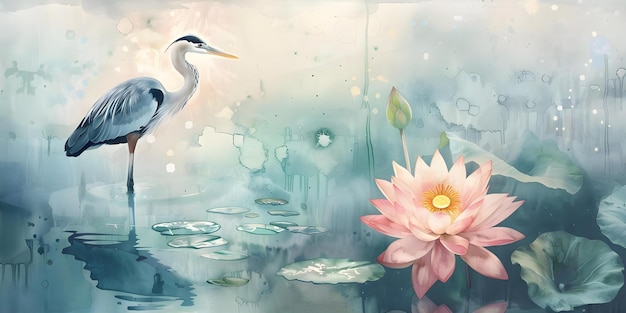 Watercolor painting of heron and lotus in serene lake setting Concept Nature Wildlife Watercolor Painting Heron Lotus