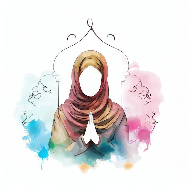 Watercolor Painting of Hijab Women Generative AI