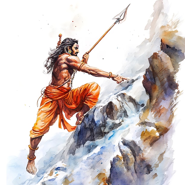 Watercolor painting of Hindu deity Hanuman climbing a mountain