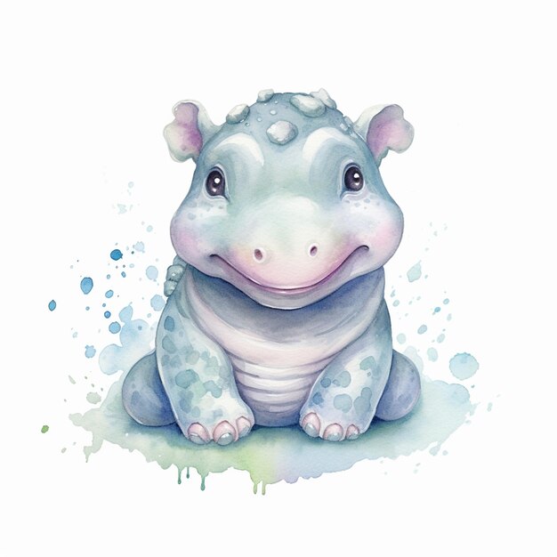 A watercolor painting of a hippo with a blue head and a white body.