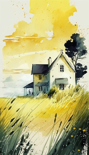 Watercolor painting of a house in a field generative ai