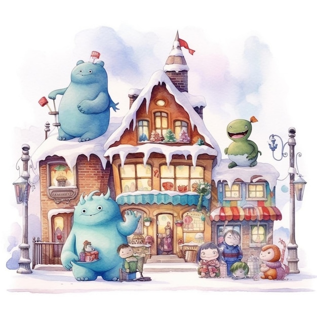 A watercolor painting of a house with a cartoon monster and a house with a snow covered roof.