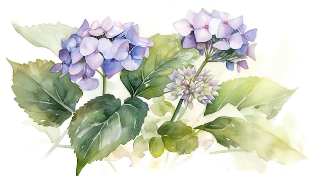 A watercolor painting of a hydrangea with green leaves.