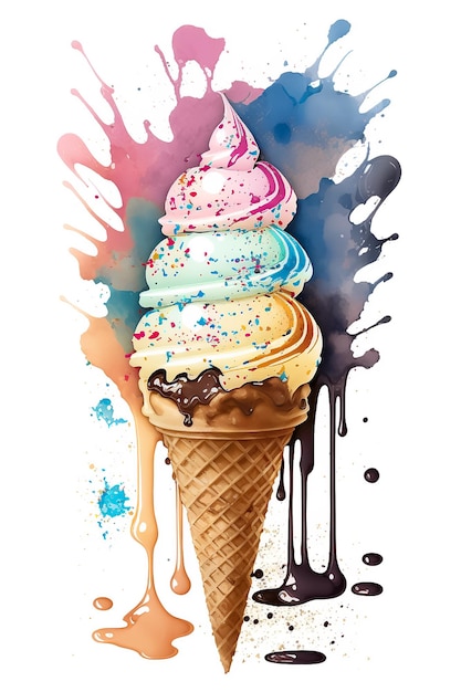 A watercolor painting of a ice cream cone with a colorful sprinkles on it.