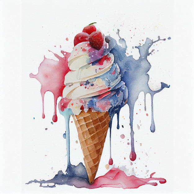 A watercolor painting of a ice cream cone with a red and blue sprinkles.