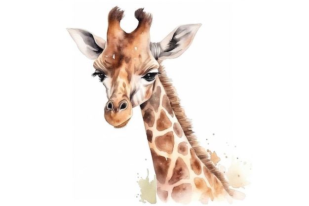 watercolor painting illustration of cute giraffe face on a white background generative AI