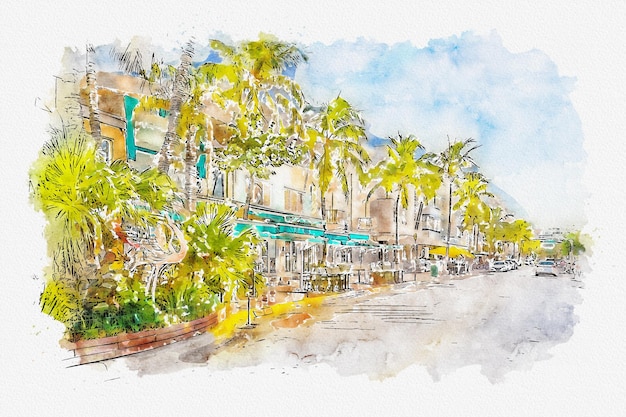 Watercolor painting illustration of famous ocean drive street in the morning in miami south beach in