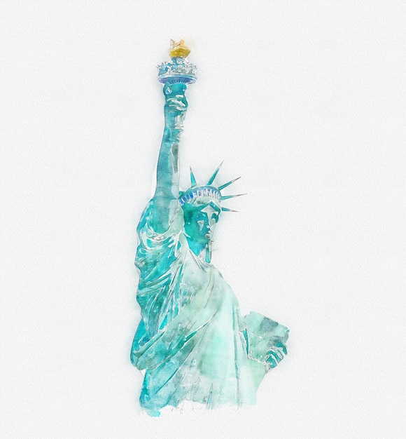 Watercolor painting illustration of the statue of liberty isolated on white background