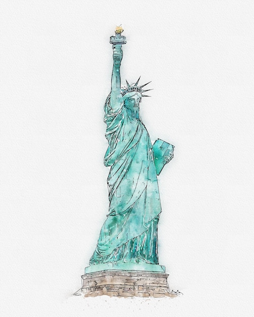 Watercolor painting illustration of the statue of liberty isolated on white background