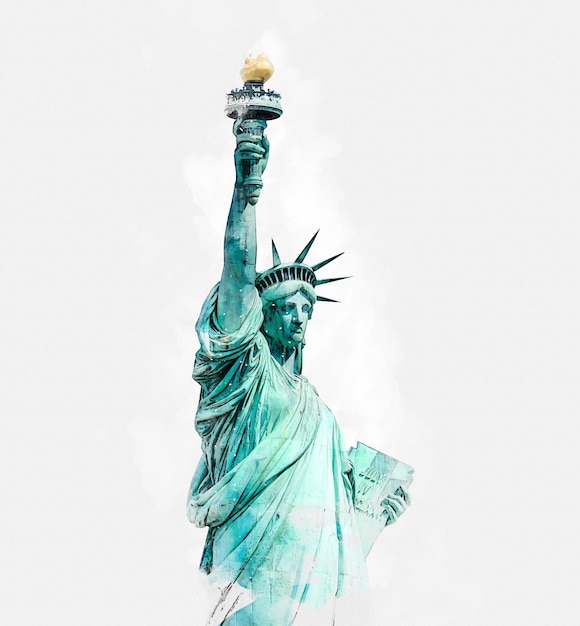 Watercolor painting illustration of the statue of liberty isolated on white background