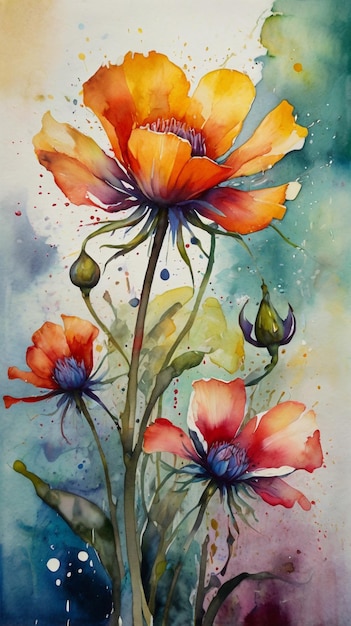 Watercolor painting Interpretation of a flower in the style of abstract impressionism capturing its