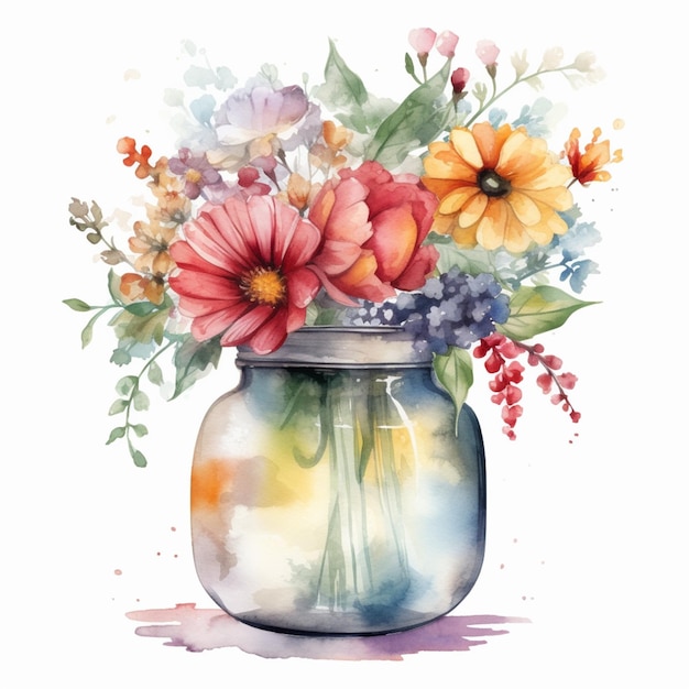 A watercolor painting of a jar of flowers with a green leaf and a red flower.