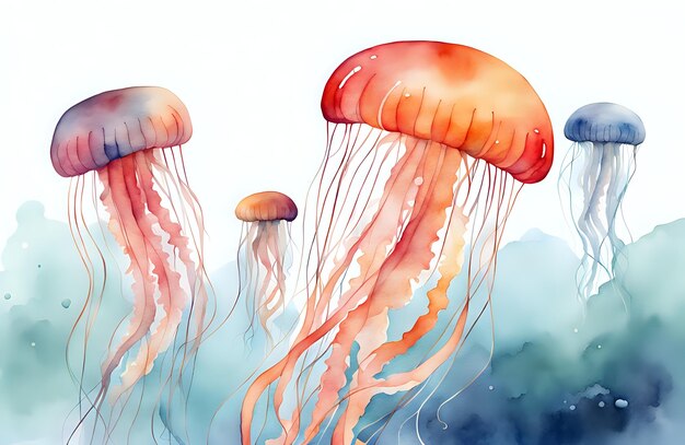 a watercolor painting of jellyfish in water