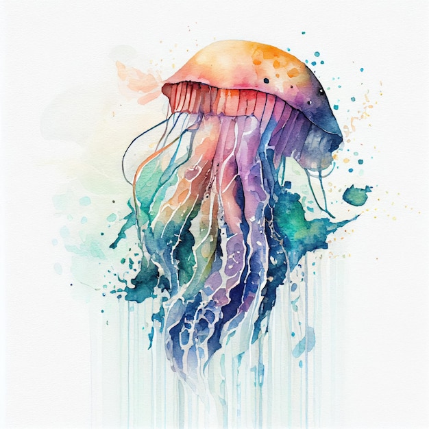 A watercolor painting of a jellyfish with a rainbow colored background.