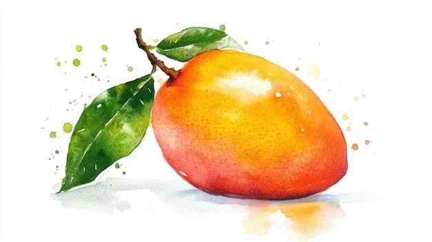 Watercolor Painting of a Juicy Mango with Green Leaves