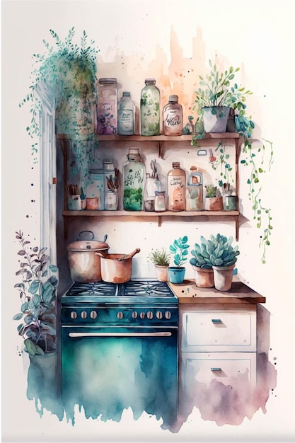 Watercolor painting of a kitchen with potted plants generative ai