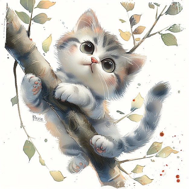 Photo watercolor painting of kitten climbing tree branch