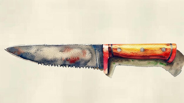 Photo watercolor painting of a knife with a wooden handle and a serrated blade isolated on transparent bac