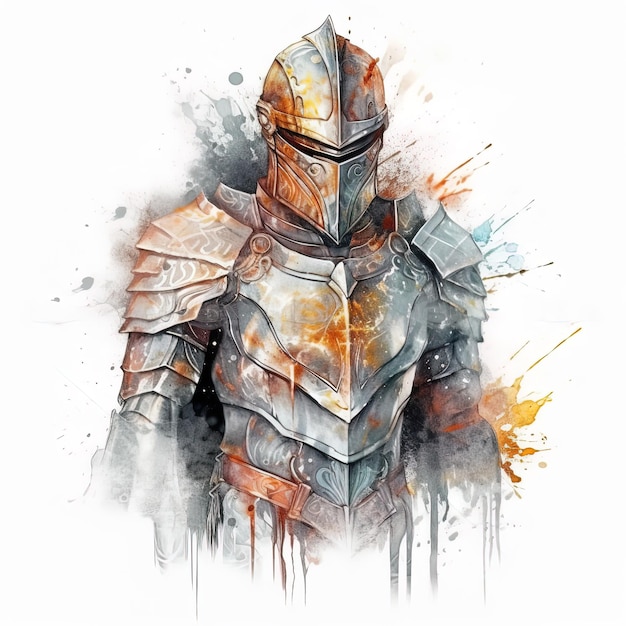 A watercolor painting of a knight with a full armor.