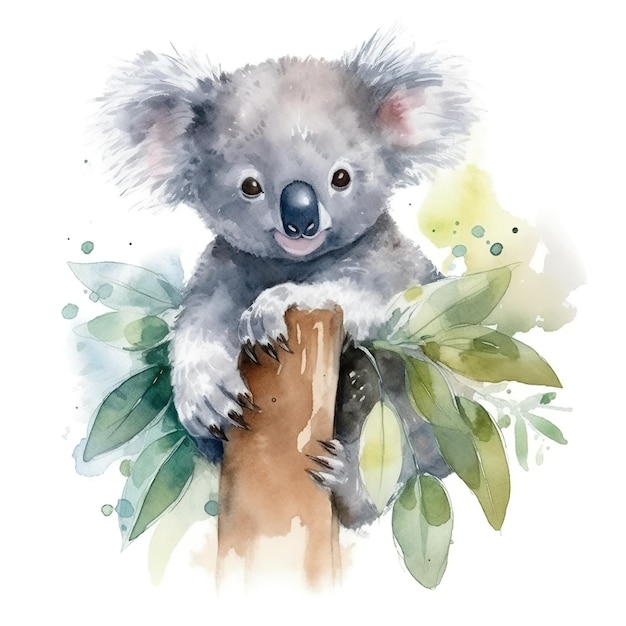 A watercolor painting of a koala bear on a branch Generative AI image