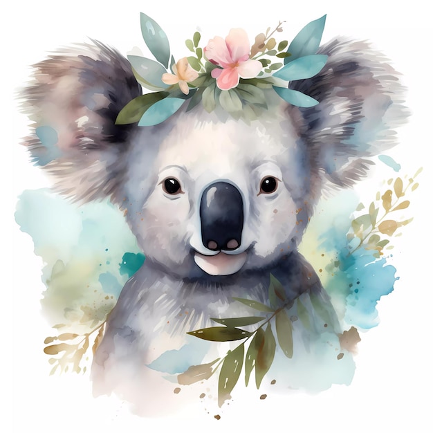 A watercolor painting of a koala with a flower crown.