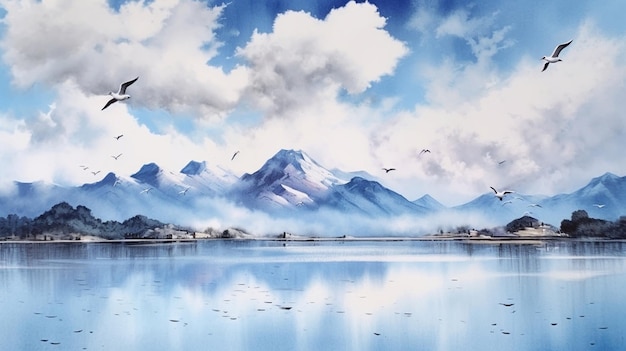 Watercolor painting of a lake and mountains with birds flying in the blue sky