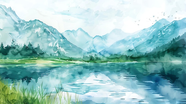 Watercolor painting of a lake and mountains