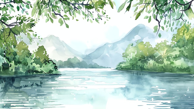 A watercolor painting of a lake with mountains in the background