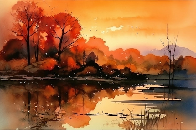 A watercolor painting of a lake with a sunset in the background.