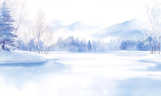 Photo a watercolor painting of a lake with trees and snow covered mountains in the background