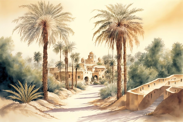 Watercolor painting, a landscape of the Arabian Peninsula in the past, for houses, palm trees