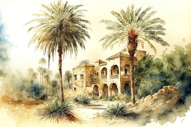 Watercolor painting, a landscape of the Arabian Peninsula in the past, for houses, palm trees