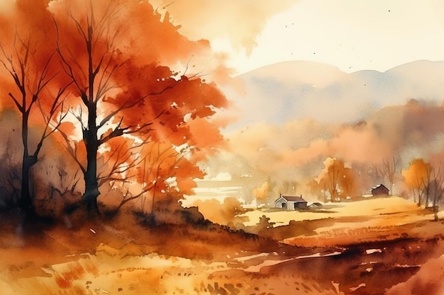 Watercolor painting of a landscape with a house and trees