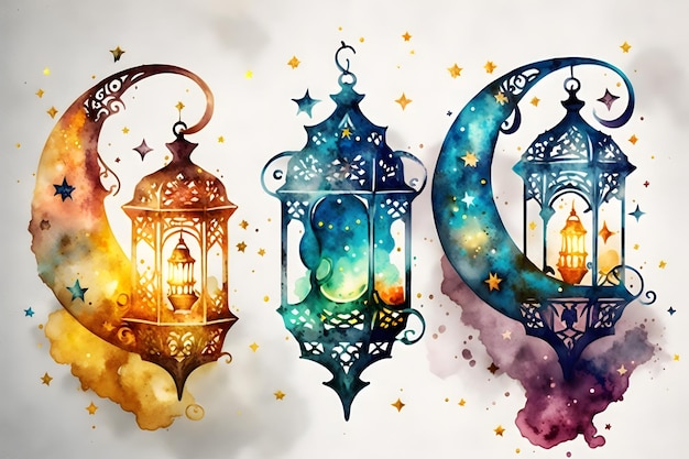 Photo a watercolor painting of lanterns with the moon and stars.