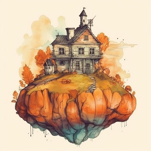 Watercolor painting of a large pumpkinshaped house