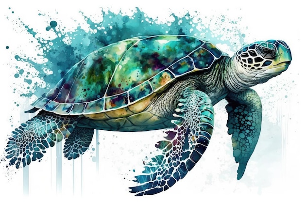 Watercolor painting of a large sea turtle