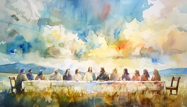 Watercolor painting of the Last Supper Jesus sitting at the head table with his disciples