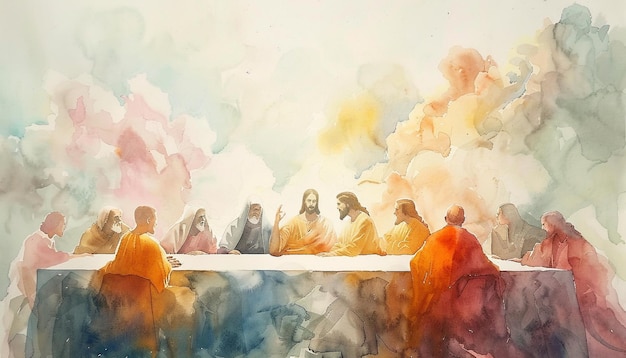 Watercolor painting of the Last Supper Jesus sitting at the head table with his disciples