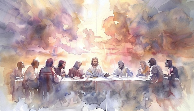 Watercolor painting of the Last Supper Jesus sitting at the head table with his disciples