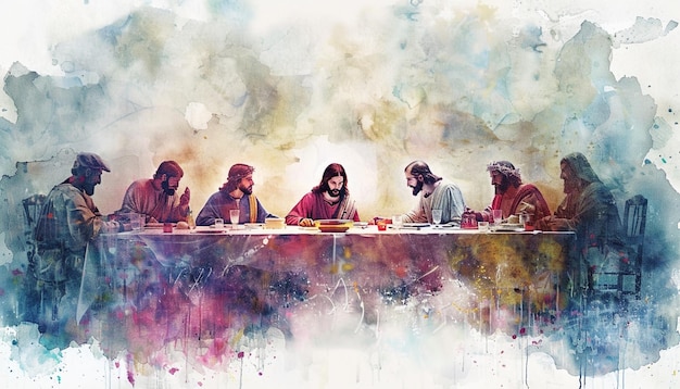 Watercolor painting of the Last Supper Jesus sitting at the head table with his disciples