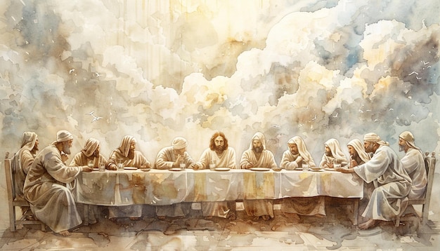 Watercolor painting of the Last Supper Jesus sitting at the head table with his disciples