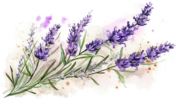 A watercolor painting of lavender flowers with a purple background.