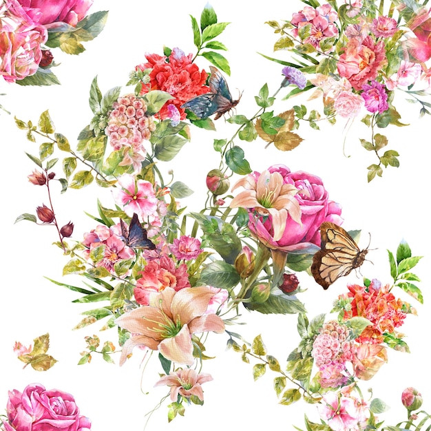 Watercolor painting of leaves and flowers seamless pattern on white background