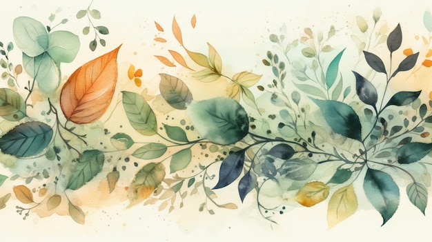 A watercolor painting of leaves and flowers.