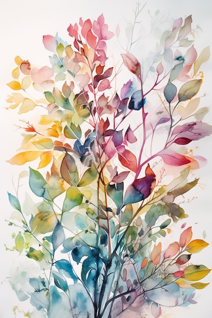 A watercolor painting of leaves and flowers.